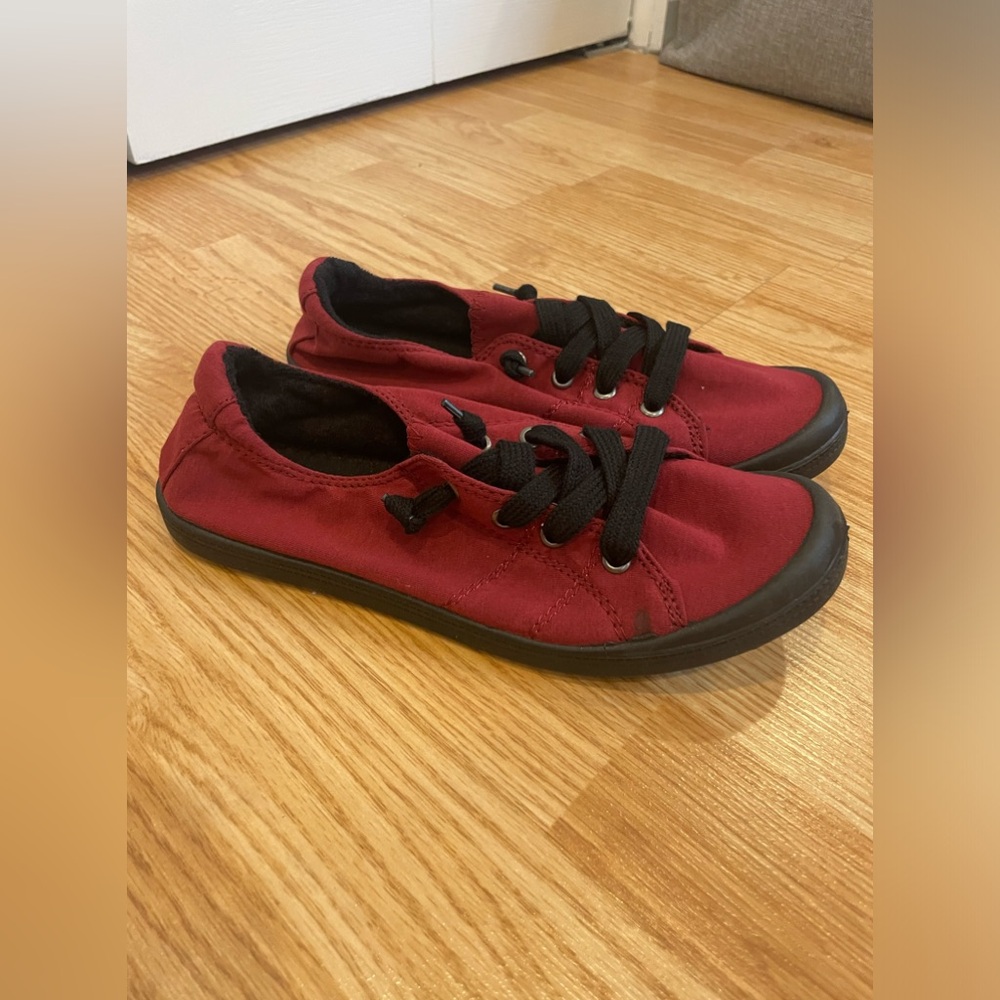 red and black sneakers